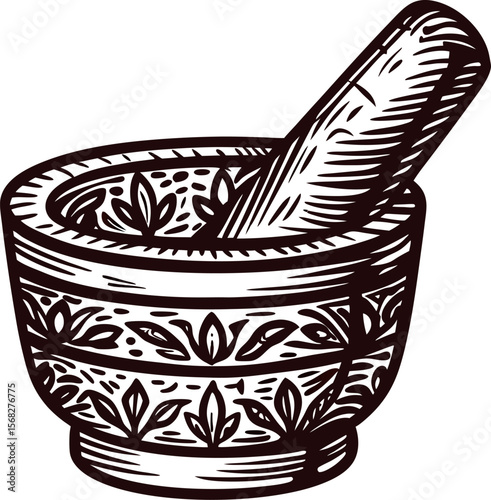 Hand drawn engraved antique mortar and pestle with ornate floral decoration isolated on white background