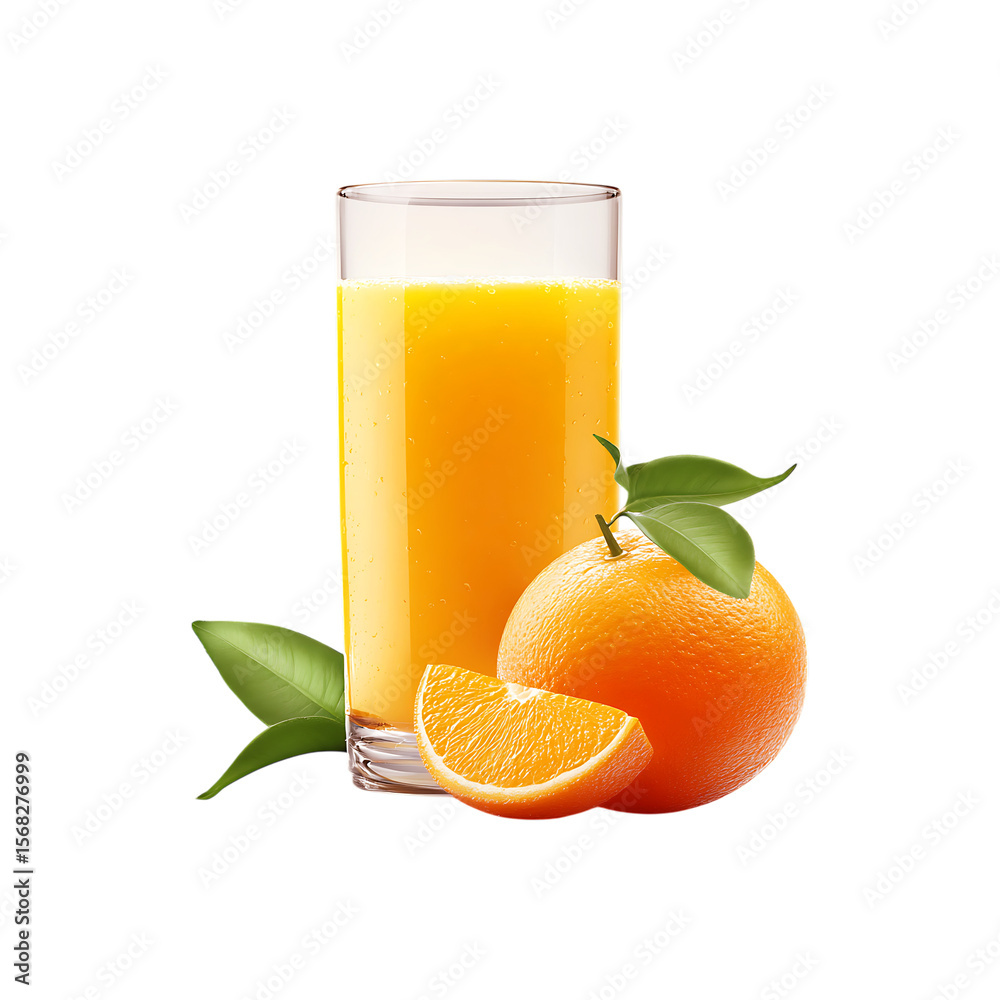 Refreshing glass of bright orange juice with whole orange and slice with leaves isolated on transparent background Refreshing glass of bright orange juice with whole orange and slice with leaves isolated on transparent background
