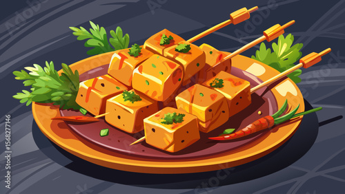 BBQ Tofu Skewers, a popular vegan twist, display golden tofu cubes marinated in smoky sauce, garnished with parsley and chili flakes.