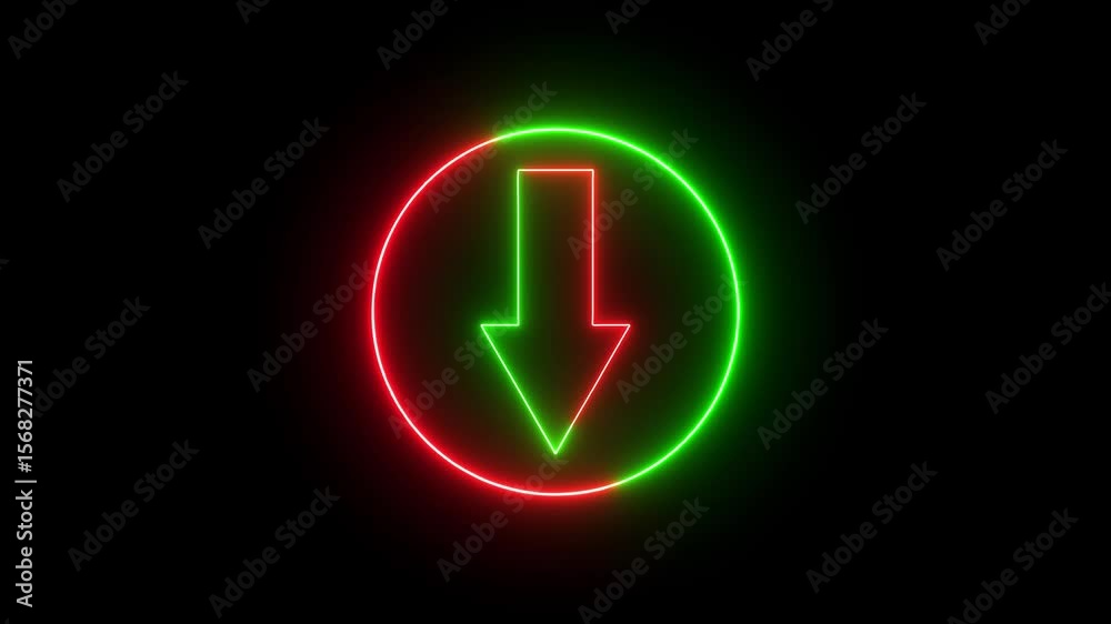 direction down arrow icon animation glowing neon red and green color road signal information circle sign symbol on black background direction down arrow icon animation glowing neon red and green color road signal information circle sign symbol on black background