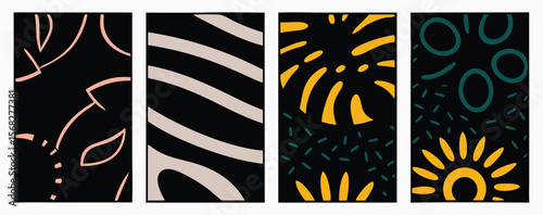 Abstract Wall Art Panels. Modern vector poster set with minimalist leaf, sun, and wave patterns for contemporary home decor or social media stories.