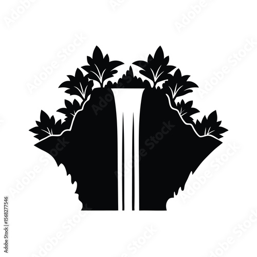 Waterfall cascading from mountain with plants silhouette vector illustration