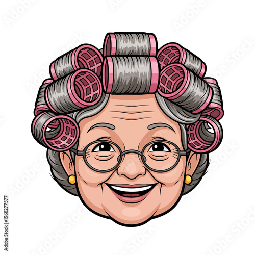 Cartoon illustration of a smiling elderly woman with hair rollers.