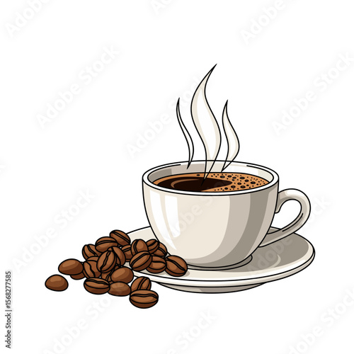 A steaming cup of coffee rests on a saucer beside a scattering of roasted coffee beans.