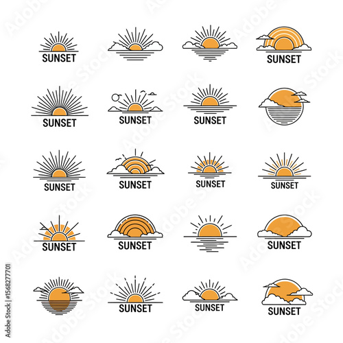 Collection of sunset icons and logos, featuring sun rays, clouds, and horizon lines, with the word "SUNSET" below each design.