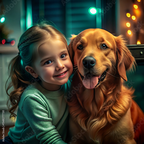 Adorable little girl with her golden retriever dog friend