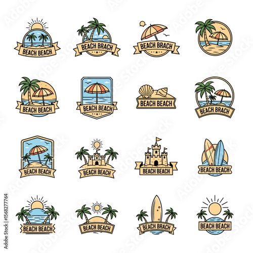 Collection of beach-themed emblems, featuring various beach elements like palm trees, umbrellas, and sandcastles, all with the word "Beach" prominently displayed.