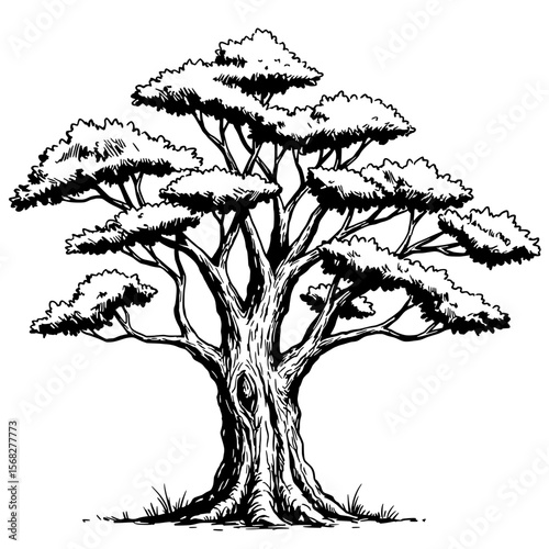 Ancient Oak Illustration: A majestic ancient oak tree stands tall, its gnarled trunk and expansive canopy reaching towards the sky in this black and white artistic illustration.