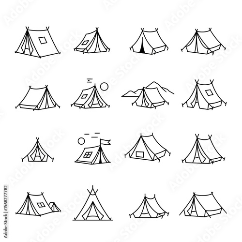 Collection of various line-art illustrations depicting different camping tents, simple designs.