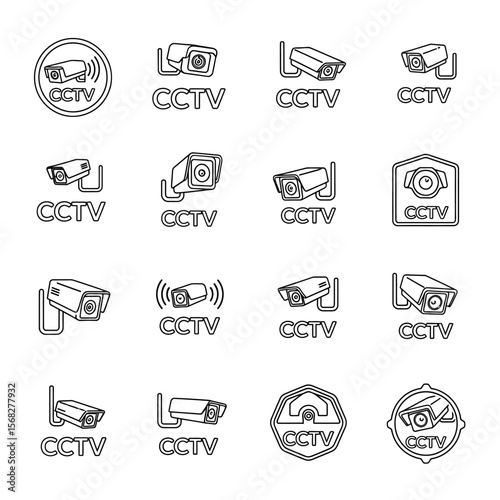 A collection of sixteen distinct CCTV camera logo designs, featuring various styles and orientations.