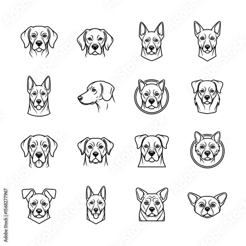 Collection of various dog head silhouettes in different poses.