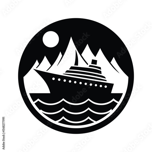 Cruise ship sailing mountains and moon scene silhouette vector illustration