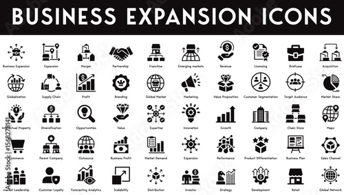 Business Expansion Icons set vector illustration with collection of retail, development, strategy, investor, distribution, market leadership, outsource, parent company, value, growth, supply chain.