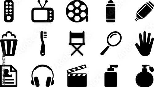 Diverse collection of black and white icons representing entertainment personal care and film production