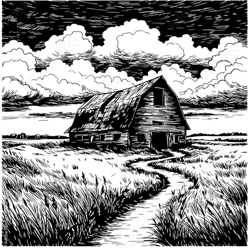 Rustic Barn in a Field: A weathered barn stands resilient in a sun-drenched field, its aged structure a testament to time's passage, a scene etched with rustic charm under a vast, cloud-filled sky.