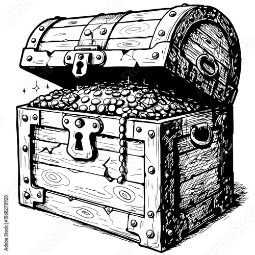Buried Treasure Unearthed: An illustration showcasing a weathered wooden chest overflowing with gold coins and shimmering jewels, evoking a sense of adventure and discovery.