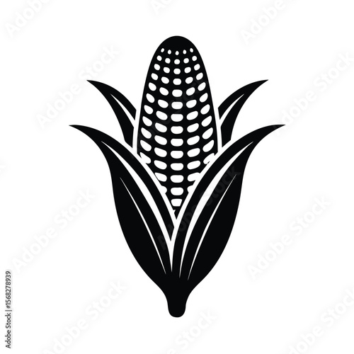 Black and white corn cob with husk leaves silhouette vector illustration