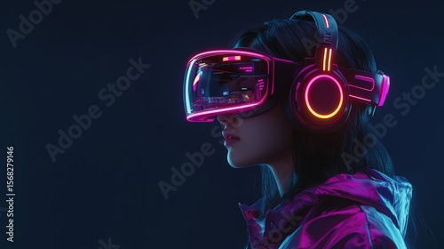 Futuristic woman wea virtual reality headset and headphones with neon lighting against dark background