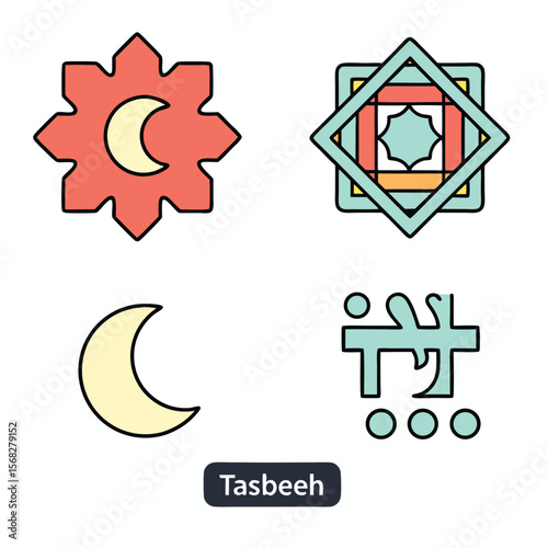 Islamic geometric patterns and crescent moon icons