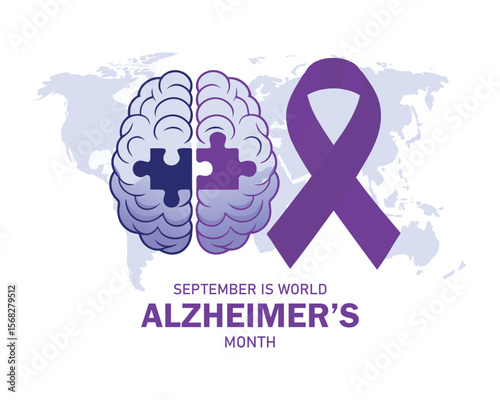 September is World Alzheimer's Month vector illustration. Purple awareness ribbon, human brain and puzzle piece icon vector. Person with Alzheimer's disease drawing. Mental health symbol 