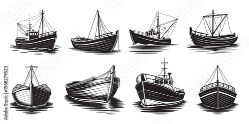 Boat Vector Collection set, Fishing boat clipart vector illustration, Set of boat silhouette vector