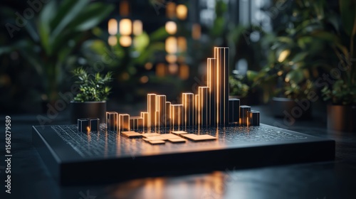 Modern digital data visualization with glowing 3D bar chart on futuristic surface in dark ambiance