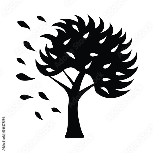 Stylized tree with falling leaves black silhouette vector illustration