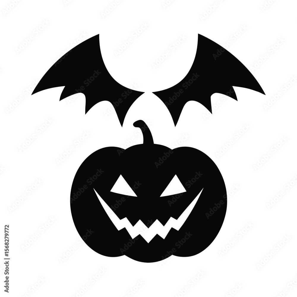 Fototapeta premium Halloween pumpkin with bat wings silhouette vector illustration