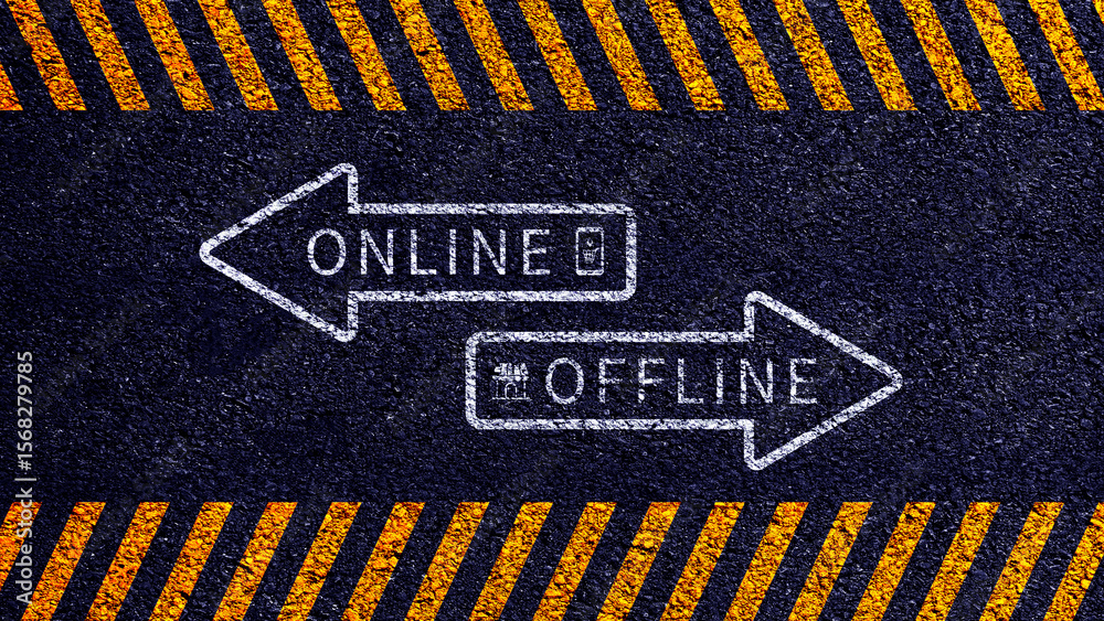 Obraz premium Online vs offline business sales or marketing strategy concept, Transition from offline to online in commerce business.