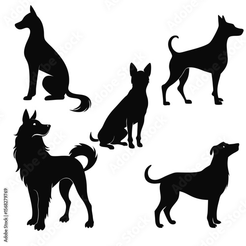 Five dog silhouettes seated standing assorted breeds black shapes