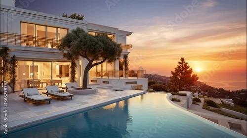 Luxury resort hotel with infinity pool at sunset. Mansion or villa and evening lighting, scenery of white house and terrace in Greek style. Concept of property, Greece and travel