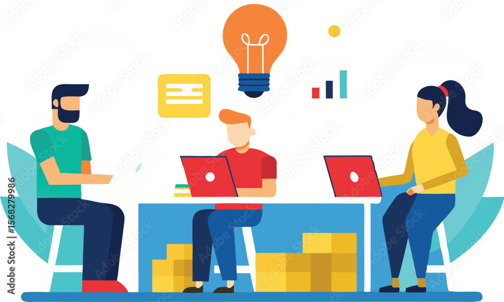 Obraz premium Team brainstorming innovative business ideas using laptops