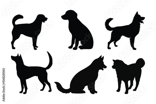 Six black dog silhouettes in various poses on a white background