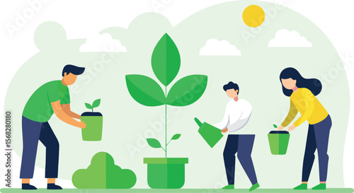 Team planting young saplings growing green future