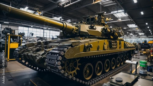 Modern tank inside warehouse of military plant, armored vehicle stored in factory. Interior of industrial hangar. Concept of technology, industry, production, war