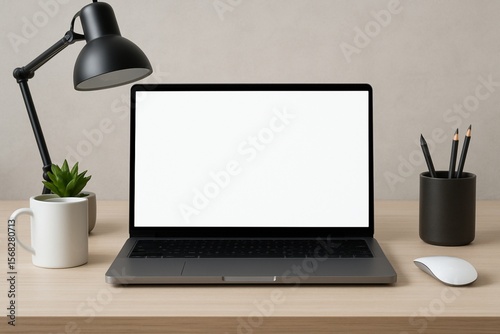 Mockup laptop dengan layar kosong di atas meja kerja minimalis modern, dihiasi lampu meja, tanaman kecil, dan alat tulis, ruang kerja nyaman dan estetik