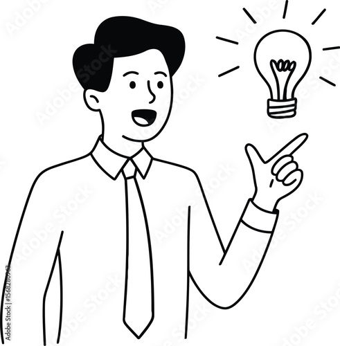 Businessman pointing to a lightbulb, a line art illustration for innovation, ideas, and solutions.
