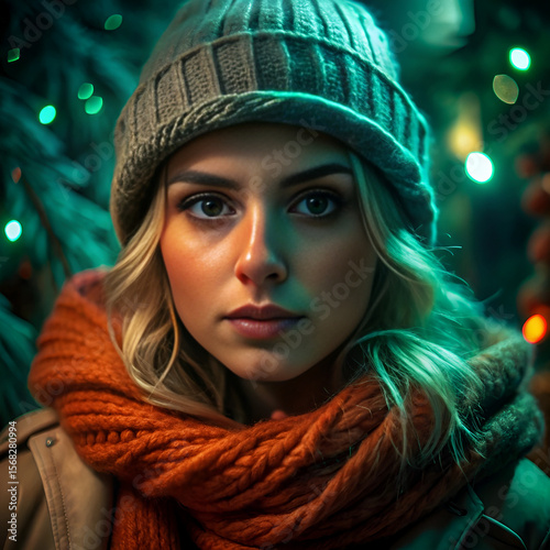 A smiling young woman in a warm winter hat and scarf beams with happiness, her face glowing in the cold