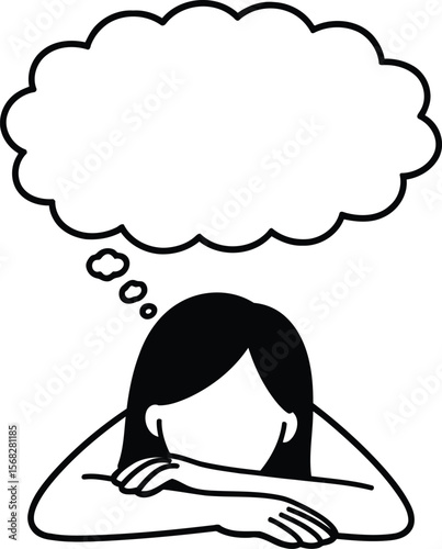 Illustration of a sad or bored woman with a blank thought bubble, representing creative block or depression.