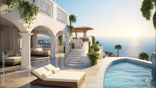 Luxury Mediterranean villa with pool overlooking sea in summer. Rich mansion with terrace, white house or resort hotel in Greek style. Concept of property, sunset, Greece and travel