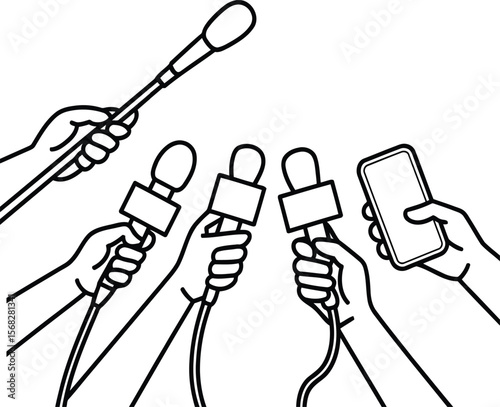 Press conference or media interview illustration with hands holding microphones.