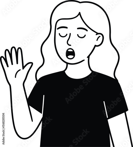 Line art illustration of a woman singing, speaking, or making a stop hand gesture.