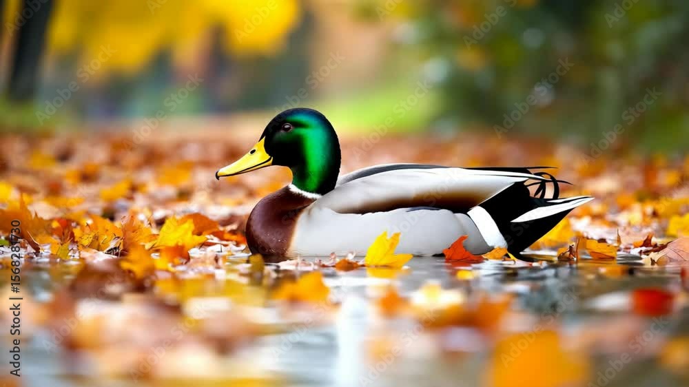 A colorful mallard duck floats on a pond surrounded by autumn leaves.