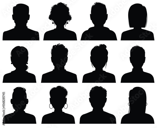 Twelve black silhouette head  shoulders portraits arranged in a grid pattern on a white background