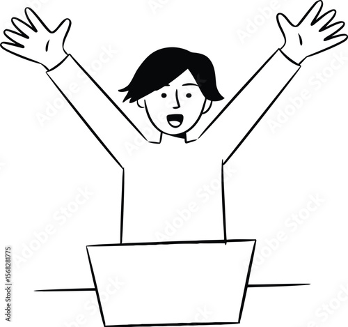 Line art illustration of a happy person celebrating success with arms raised at a laptop.