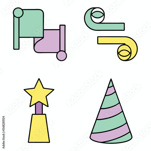 Party hat star streamer and party blower icons celebration