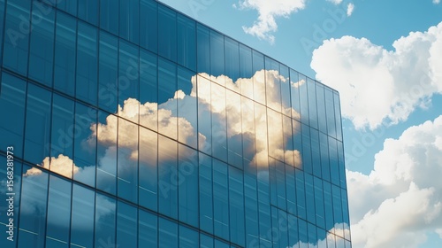 Modern glass building reflecting blue sky and clouds with sleek architectural design and clean lines
