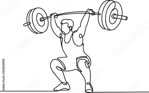 continuous line drawing of a weightlifter holding barbell across chest in athletic pose with modern black and white style