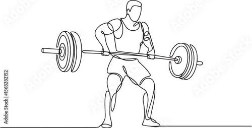 continuous line drawing of a weightlifter holding barbell across chest in athletic pose with modern black and white style