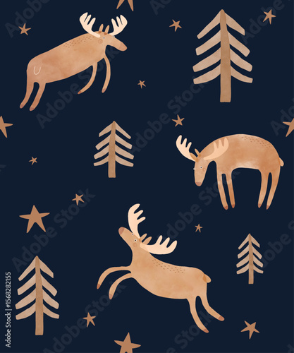 Seamless Vector Pattern With Cute Moos. Infantile Style Hand Drawn Endless Print with Moose, Stars And Trees on a Dark Blue Background.Wallpaper Woodland Animal Jumping And Running In The Forest. 